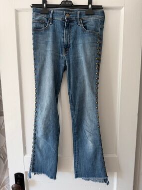 MOTHER Light Blue Stud-Trim Distresses Boot Cut Cropped Jeans